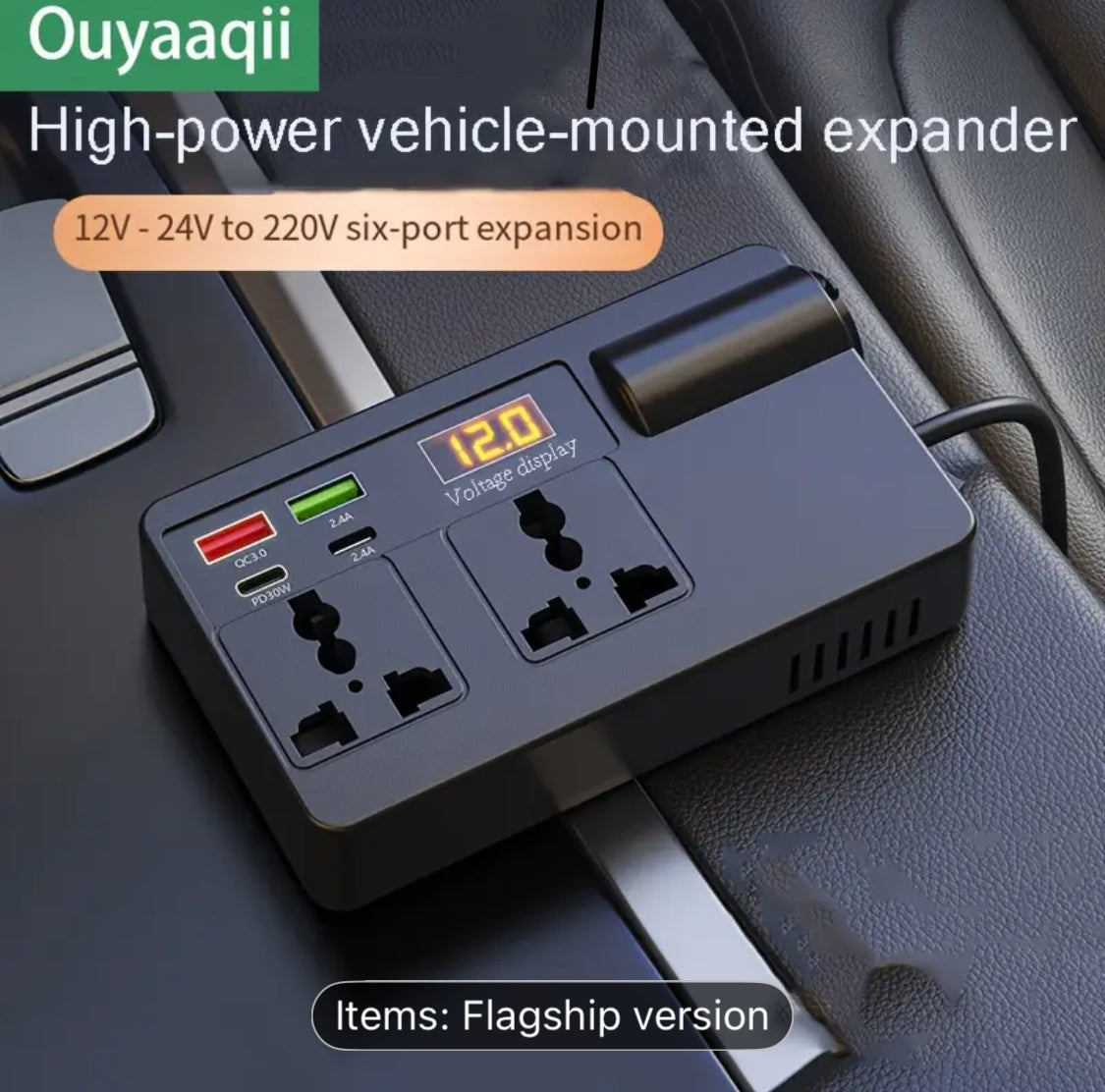 Ouyaaqii 12V/24V to 220V High-Power Car Inverter with 6-Port Expander