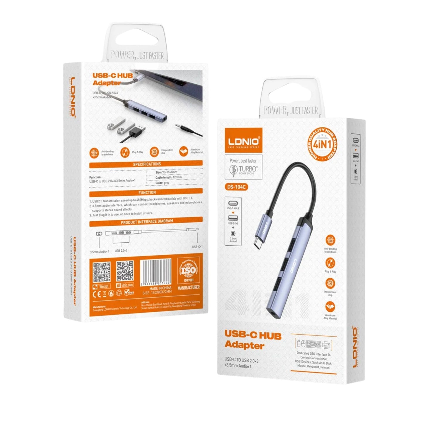 LDNIO DS-104C USB-C 2.0×3+3.5mm Audio Data Transmission Hub Adapter