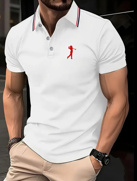 Men's Short Sleeve Shirt - White with Red Golf Print,